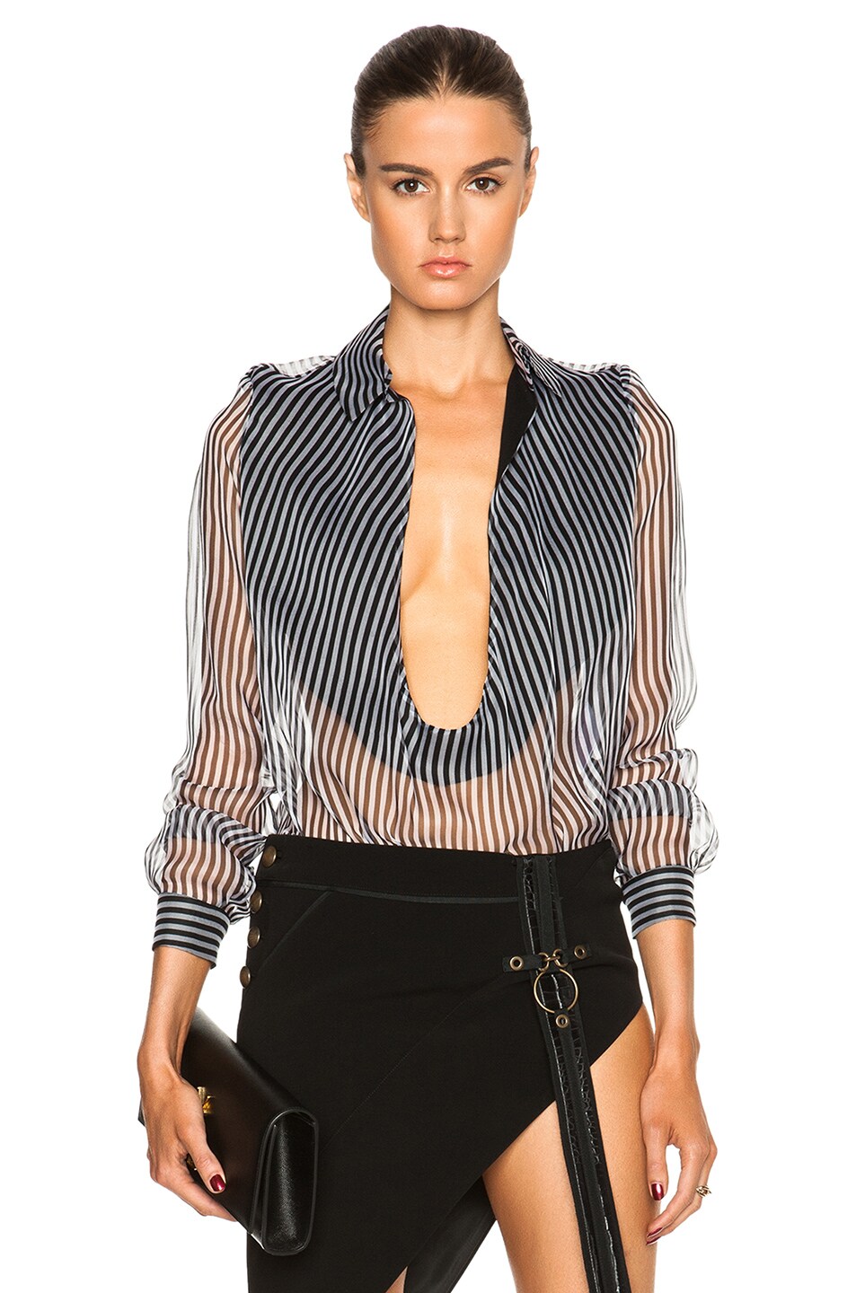 Image 1 of Anthony Vaccarello Decollete Long Sleeve Top in Black Stripe