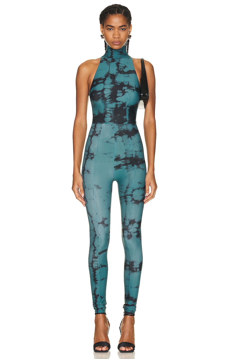 Image 1 of Alex Perry Clay Turtleneck Catsuit in Moss & Black Print