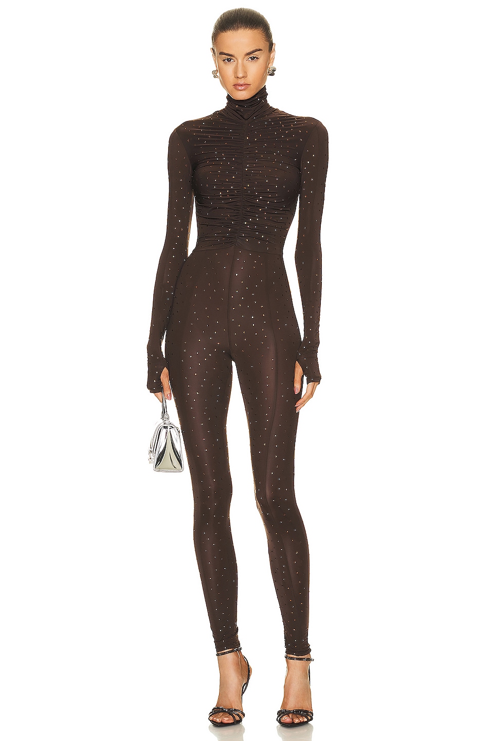 Alex Perry Crystal Cove Turtleneck Long Sleeve Ruched Catsuit in Brown ...