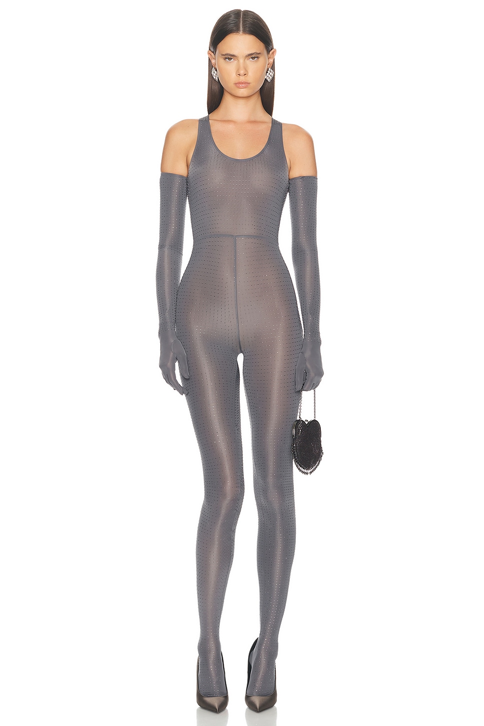 Image 1 of Alex Perry Singlet Crystal Glove Catsuit in Iron