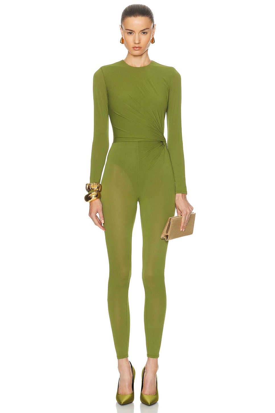 Image 1 of Alex Perry Long Sleeve Twist Catsuit in Fern