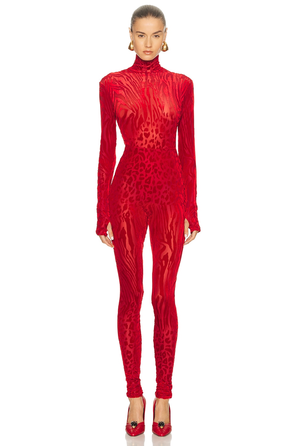 Image 1 of Alex Perry Animal Print Burnout Catsuit in Red