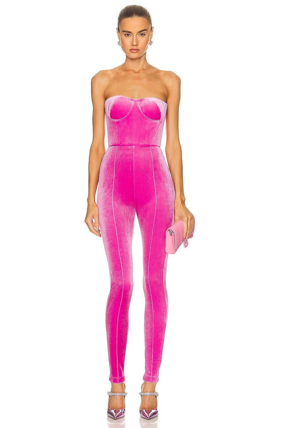 Image 1 of Alex Perry Velvet Beckham Strapless Catsuit in Pink