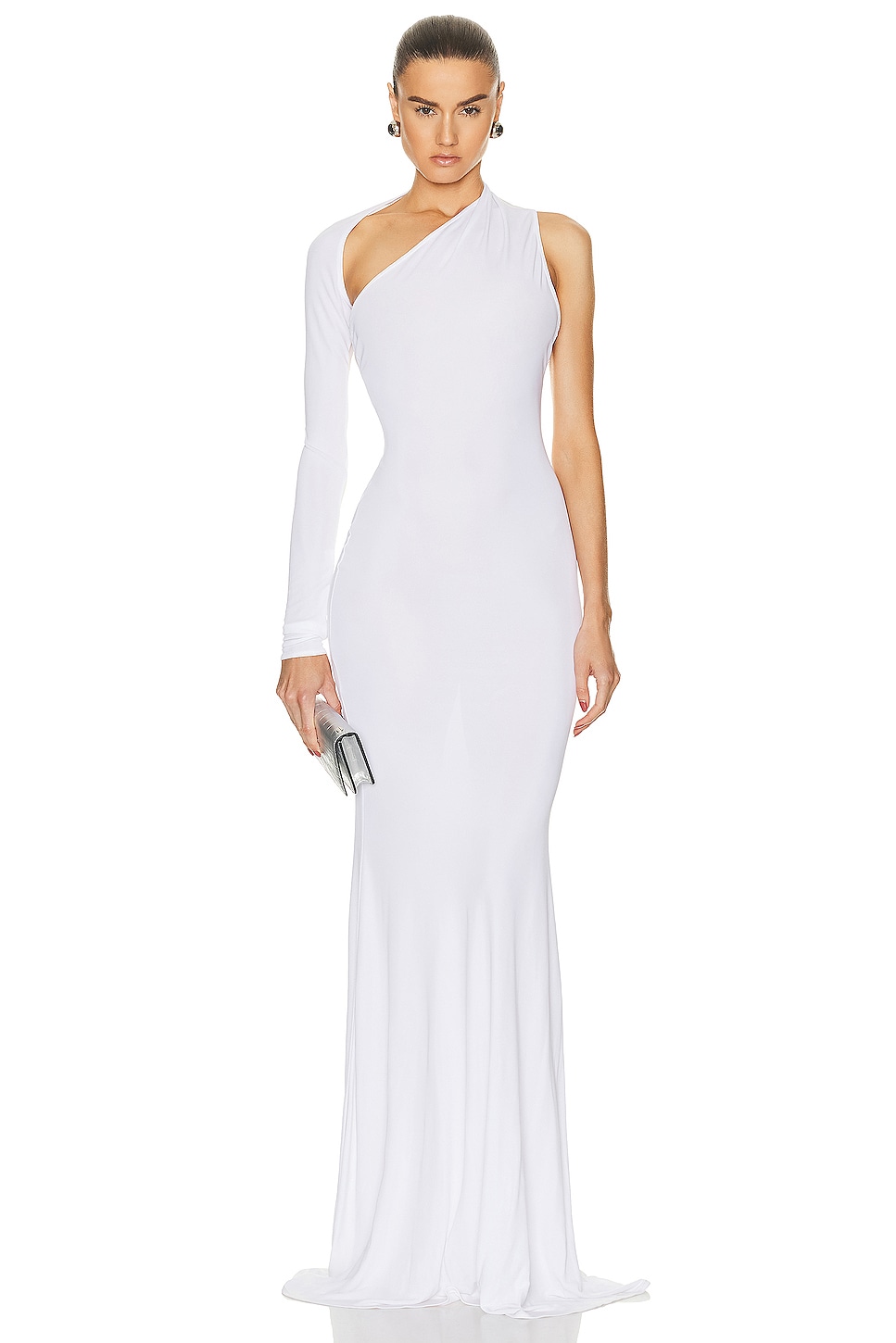 Image 1 of Alex Perry One Sleeve Wrap Ruched Gown in White