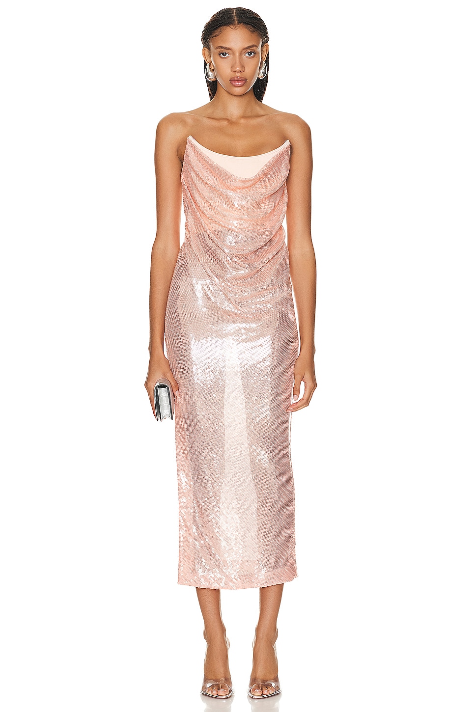 Image 1 of Alex Perry Sequin Layered Strapless Drape Dress in Peach