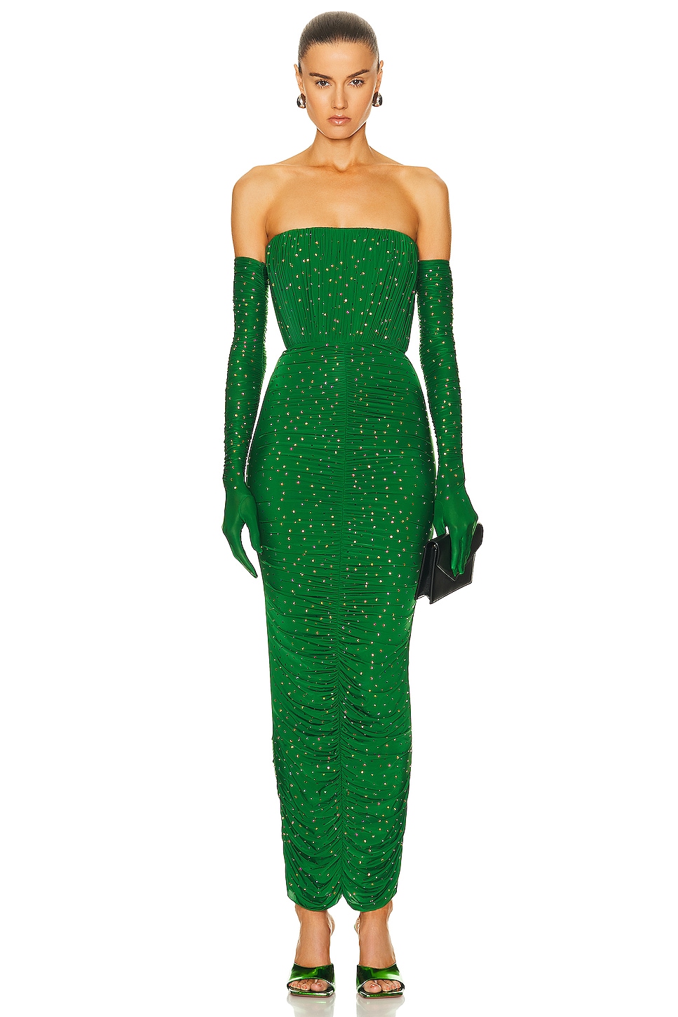 Image 1 of Alex Perry Strapless Ruched Crystal Column Glove Dress in Emerald