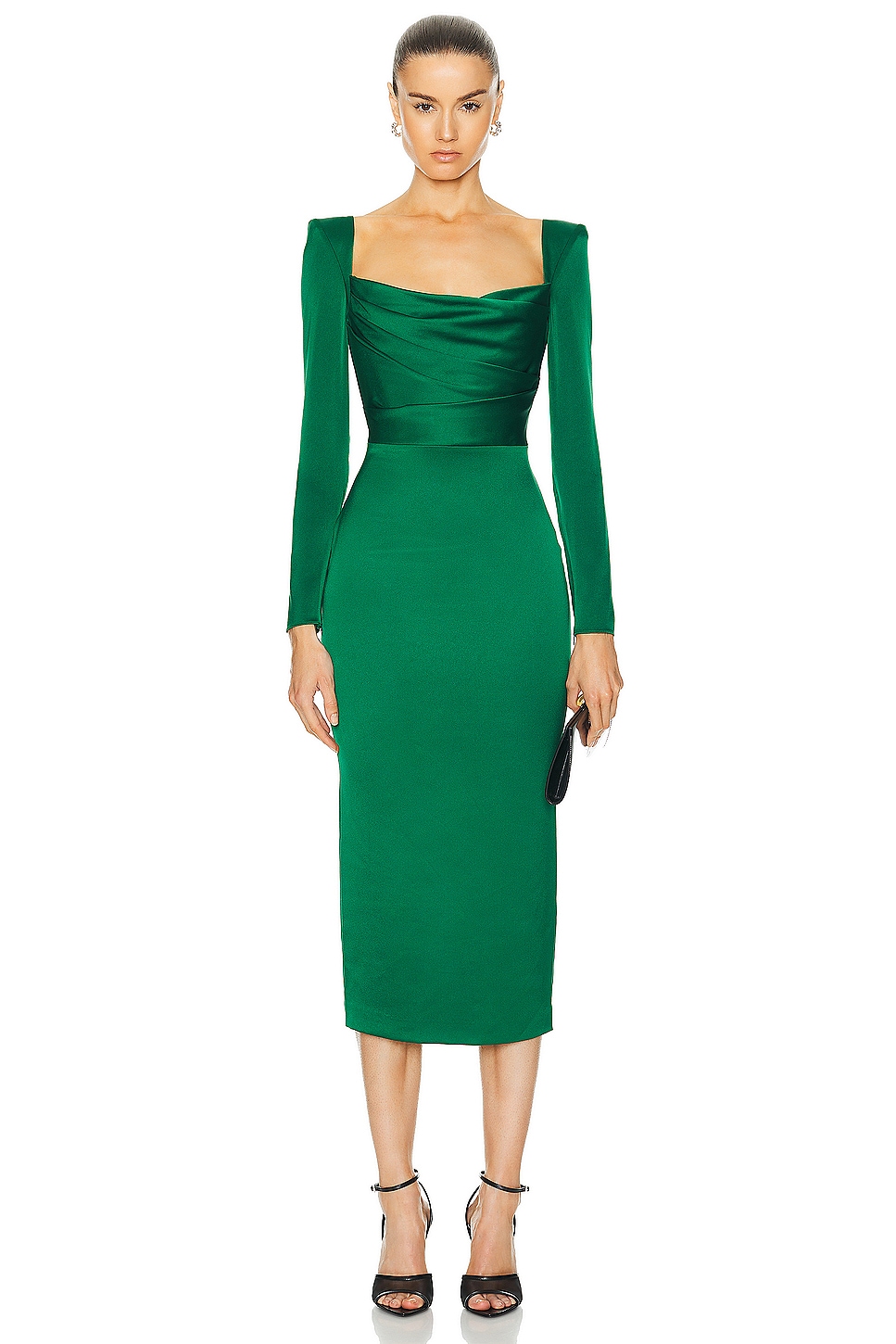 Image 1 of Alex Perry Long Sleeve Satin Drape Corset Dress in Emerald