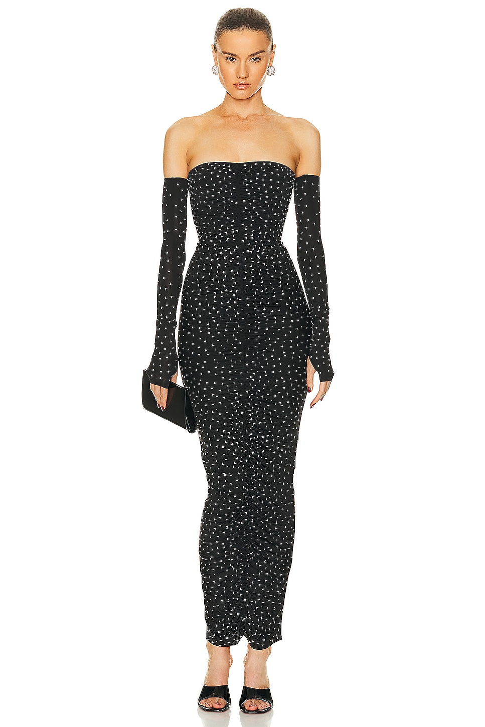 Image 1 of Alex Perry Crystal Ruched Column Glove Dress in Black