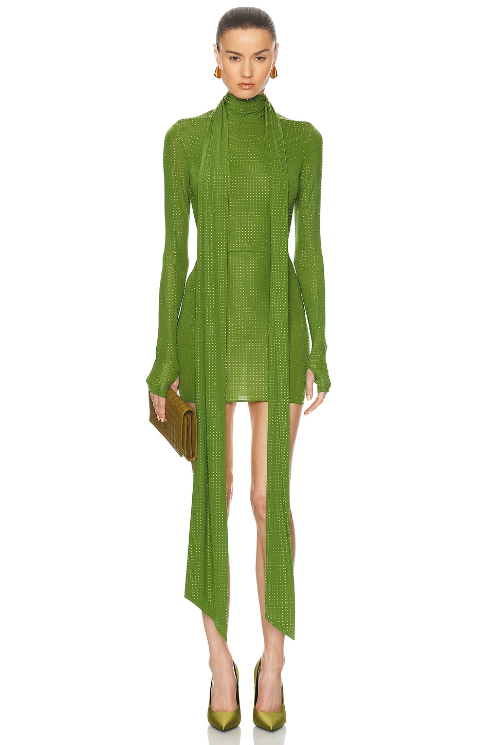 Image 1 of Alex Perry Long Sleeve Scarf Mini Dress in Fern