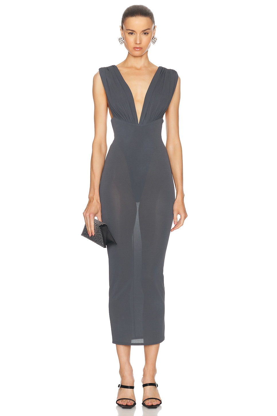 Image 1 of Alex Perry Ruched V Neck Dress in Iron