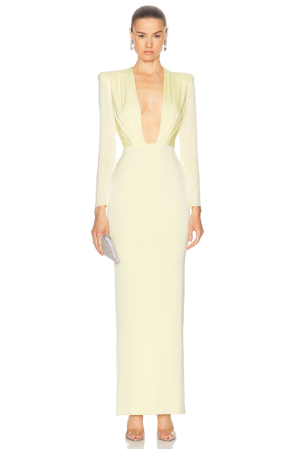 Image 1 of Alex Perry Plunging Satin Maxi Dress in Lemon