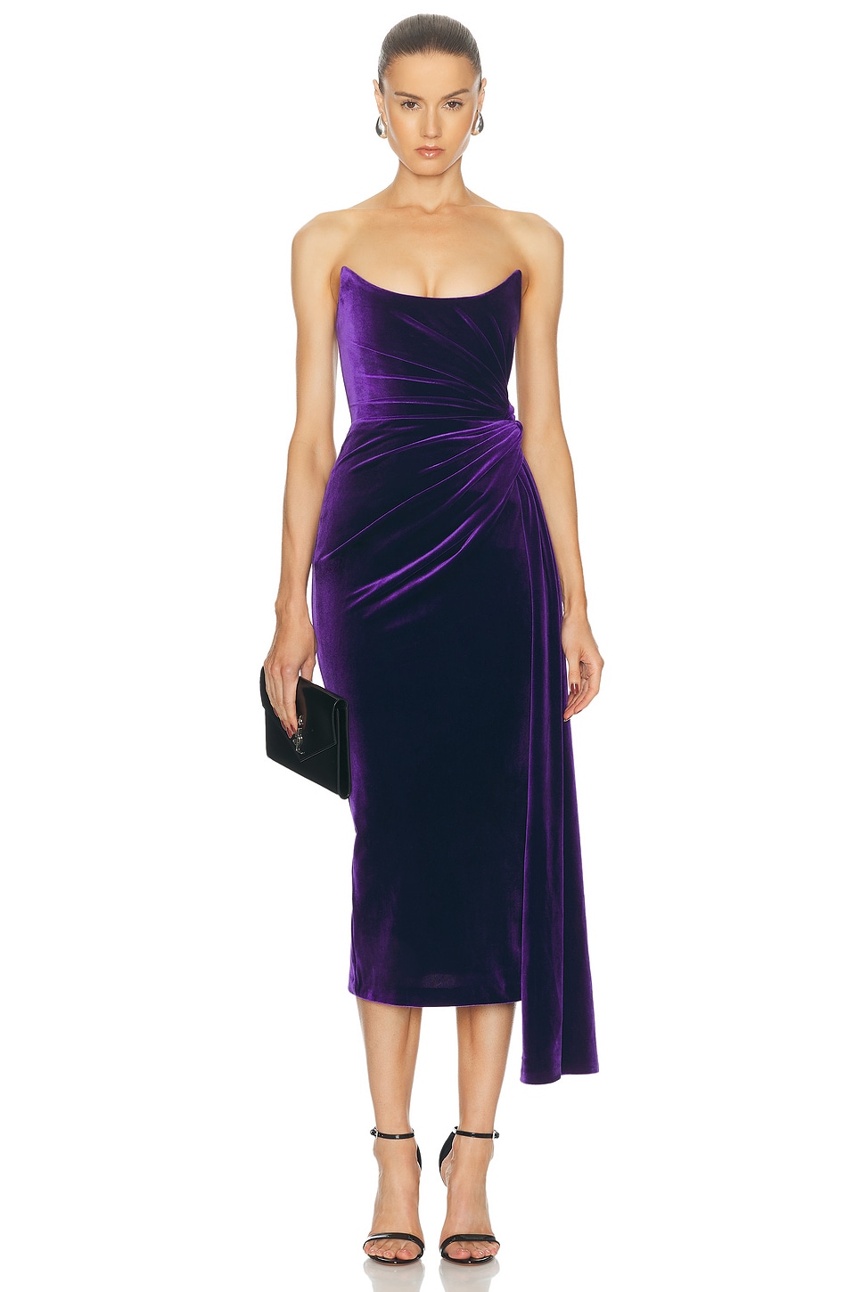 Image 1 of Alex Perry Strapless Twisted Velvet Midi Dress in Deep Violet