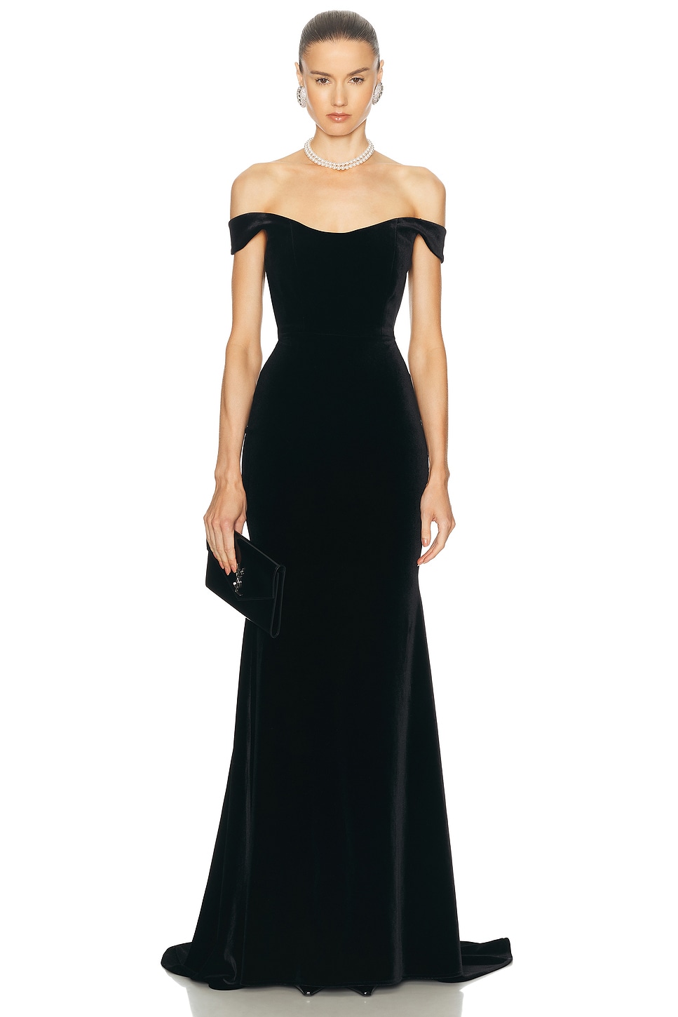 Image 1 of Alex Perry Off The Shoulder Velvet Gown in Black