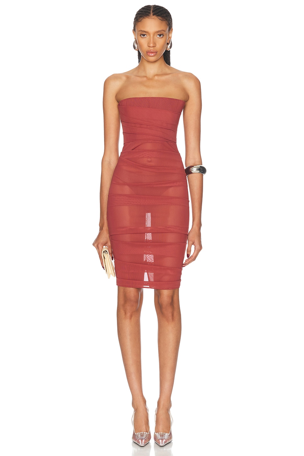 Image 1 of Alex Perry Power Mesh Midi Dress in Cognac