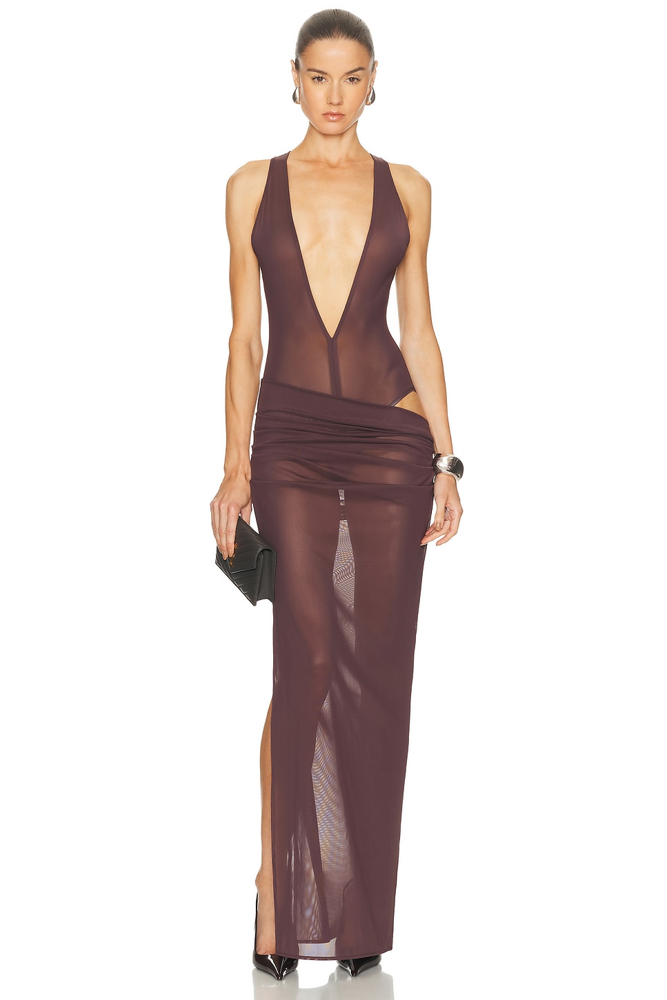 Image 1 of Alex Perry for FWRD Tucked Halter Column Gown in Dark Brown