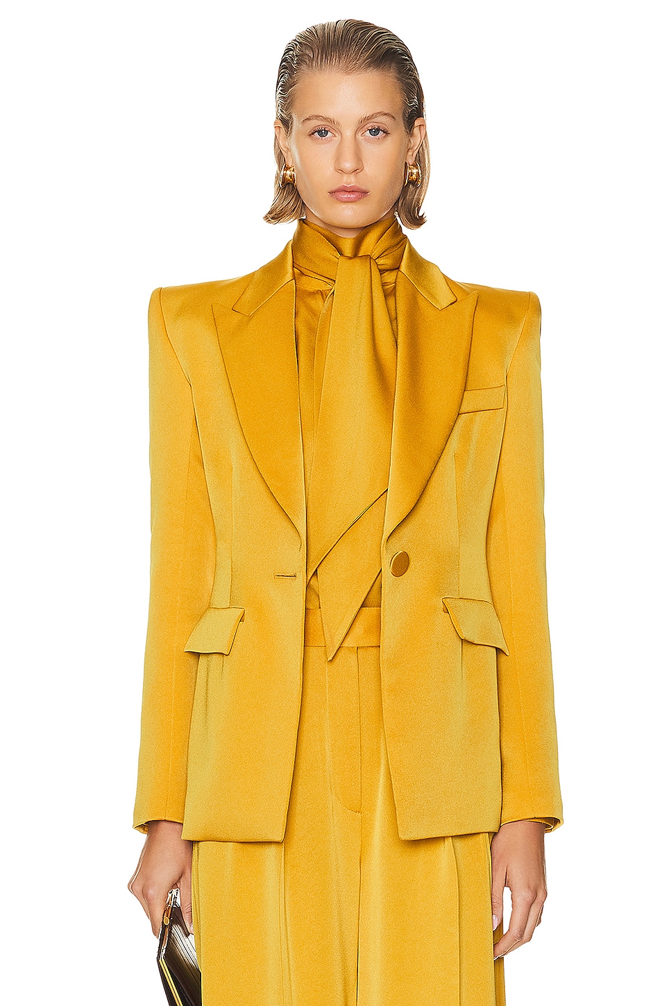 Image 1 of Alex Perry Fitted Satin Blazer in Gold