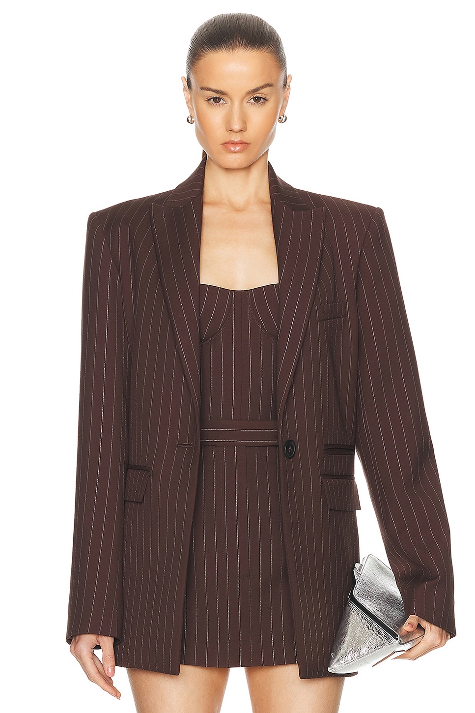 Image 1 of Alex Perry Lurex Pinstripe Single Breasted Oversize Blazer in Chocolate