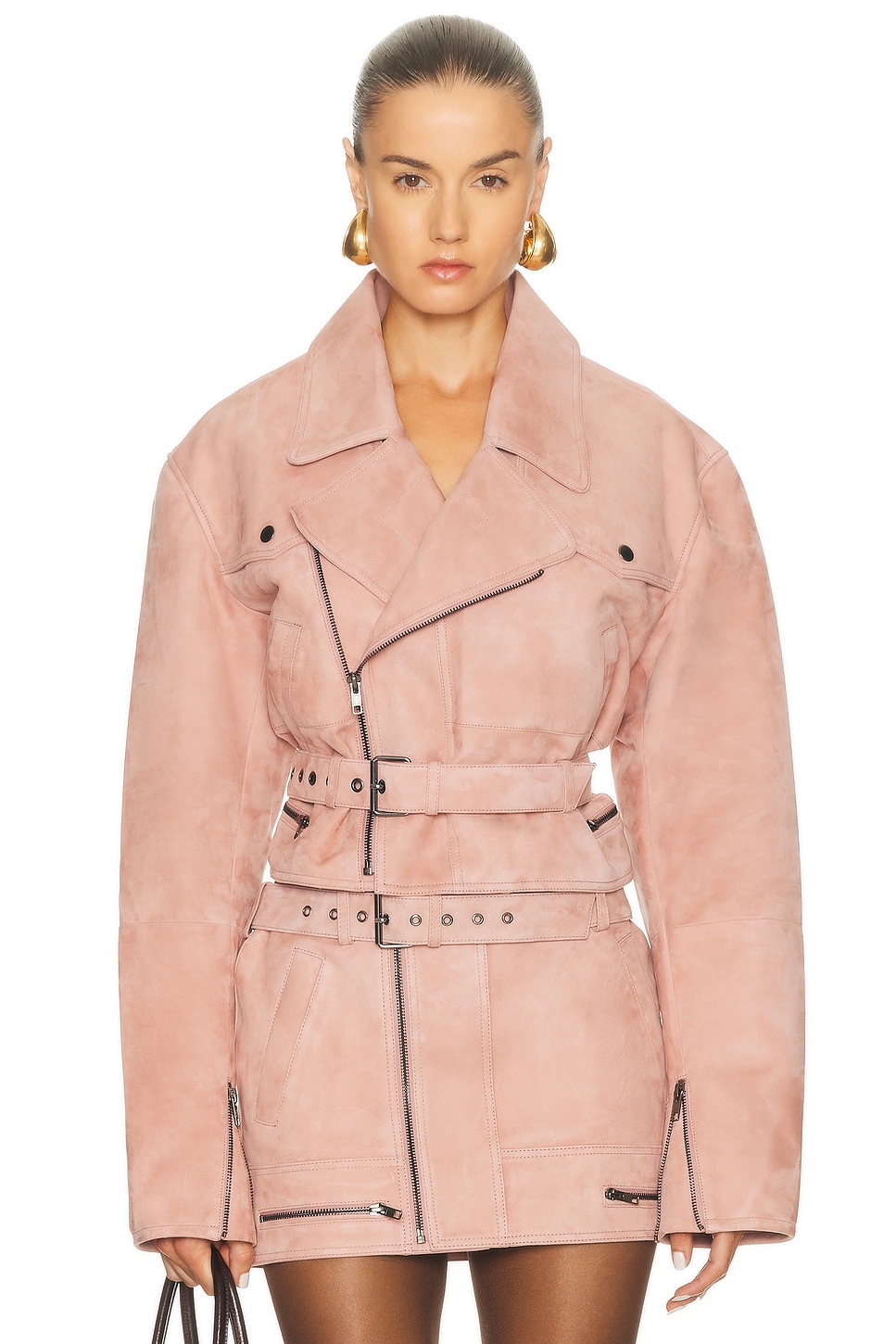Image 1 of Alex Perry Cropped Suede Biker Jacket in Dusty Rose