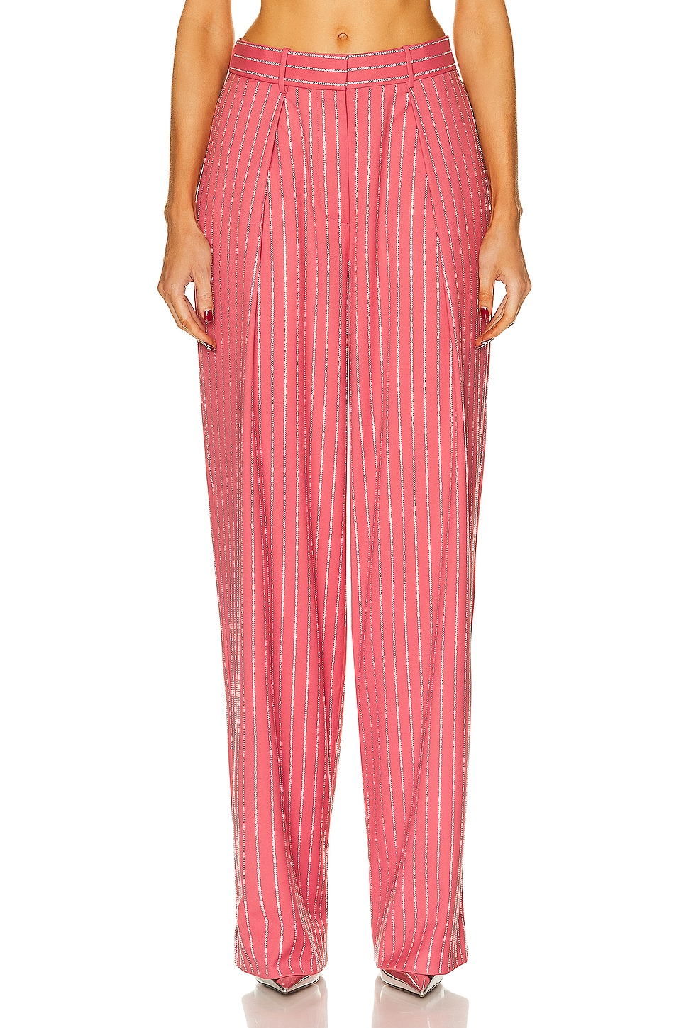 Image 1 of Alex Perry Low Rise Crystal Pinstripe Pleat Trouser in Garnet Rose
