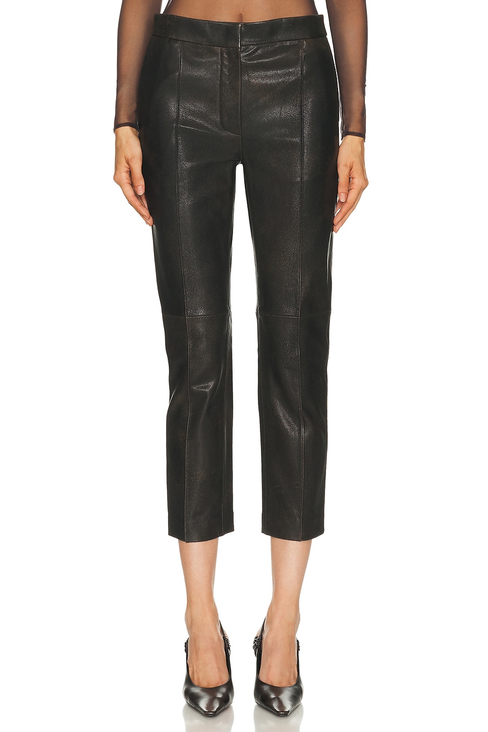 Image 1 of Alex Perry Crop Leather Trouser in Dark Brown