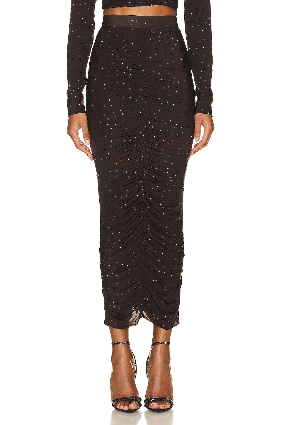 Image 1 of Alex Perry Crystal Haisley Ruched Skirt in Brown