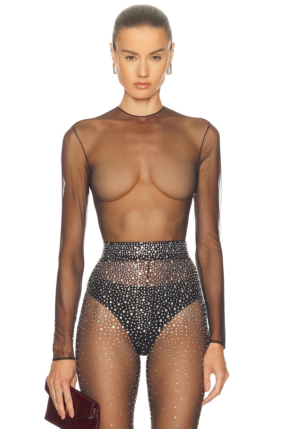 Image 1 of Alex Perry Long Sleeve Mesh Bodysuit in Espresso