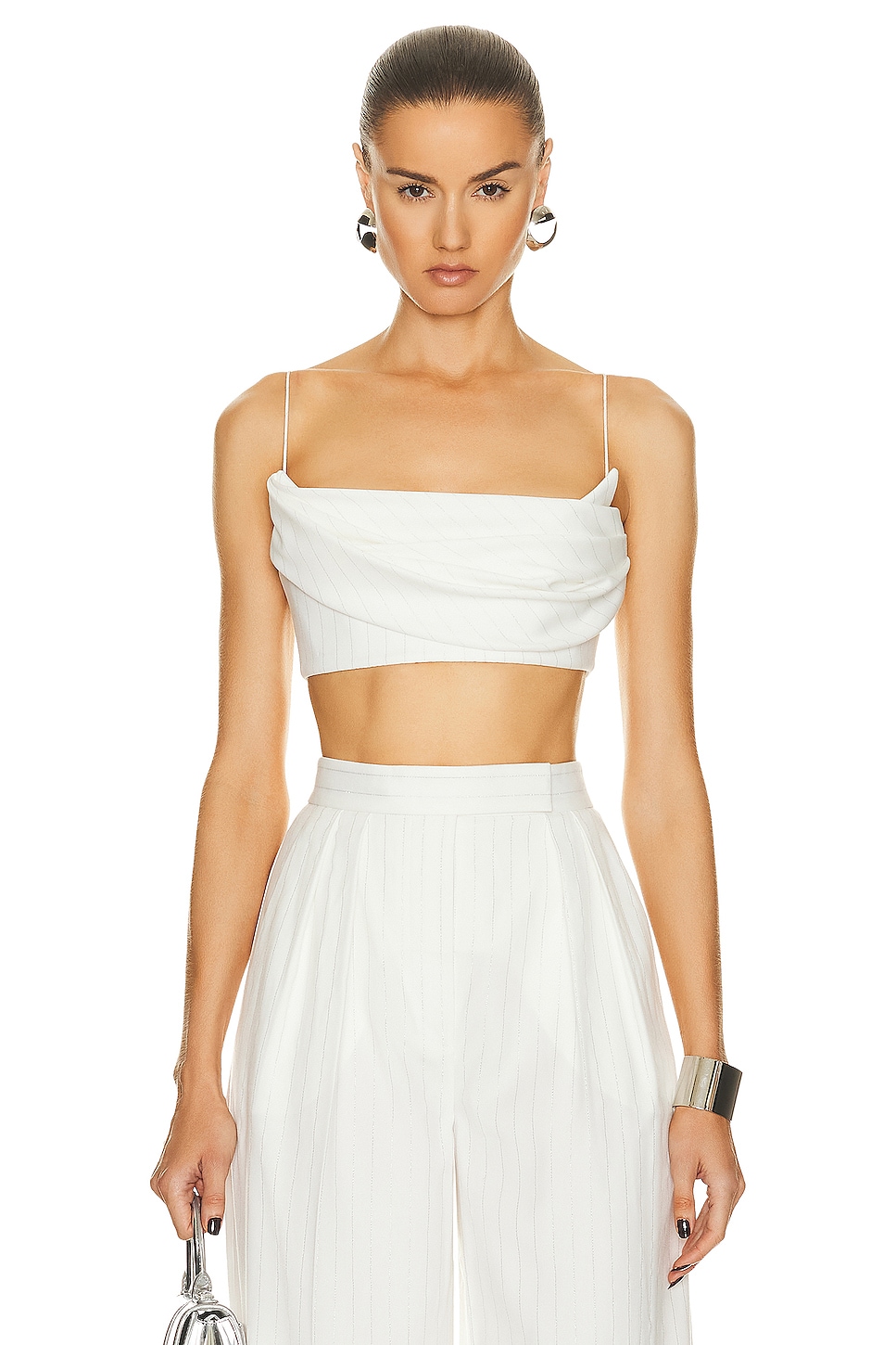 Image 1 of Alex Perry Pinstripe Drape Crop Top in White