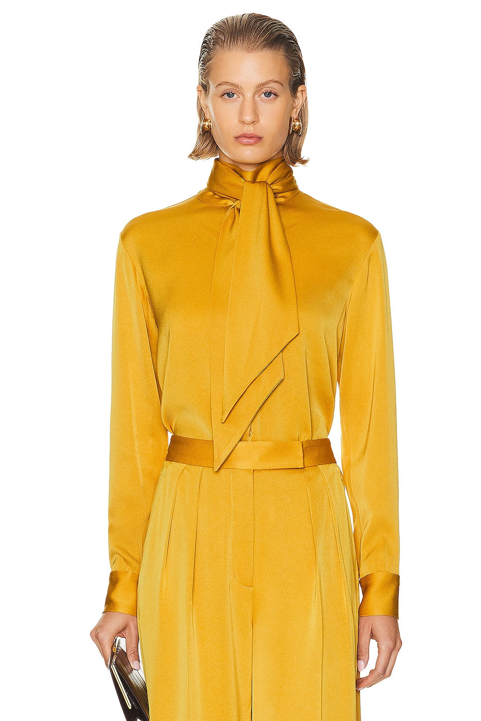 Image 1 of Alex Perry Bow Satin Shirt in Gold
