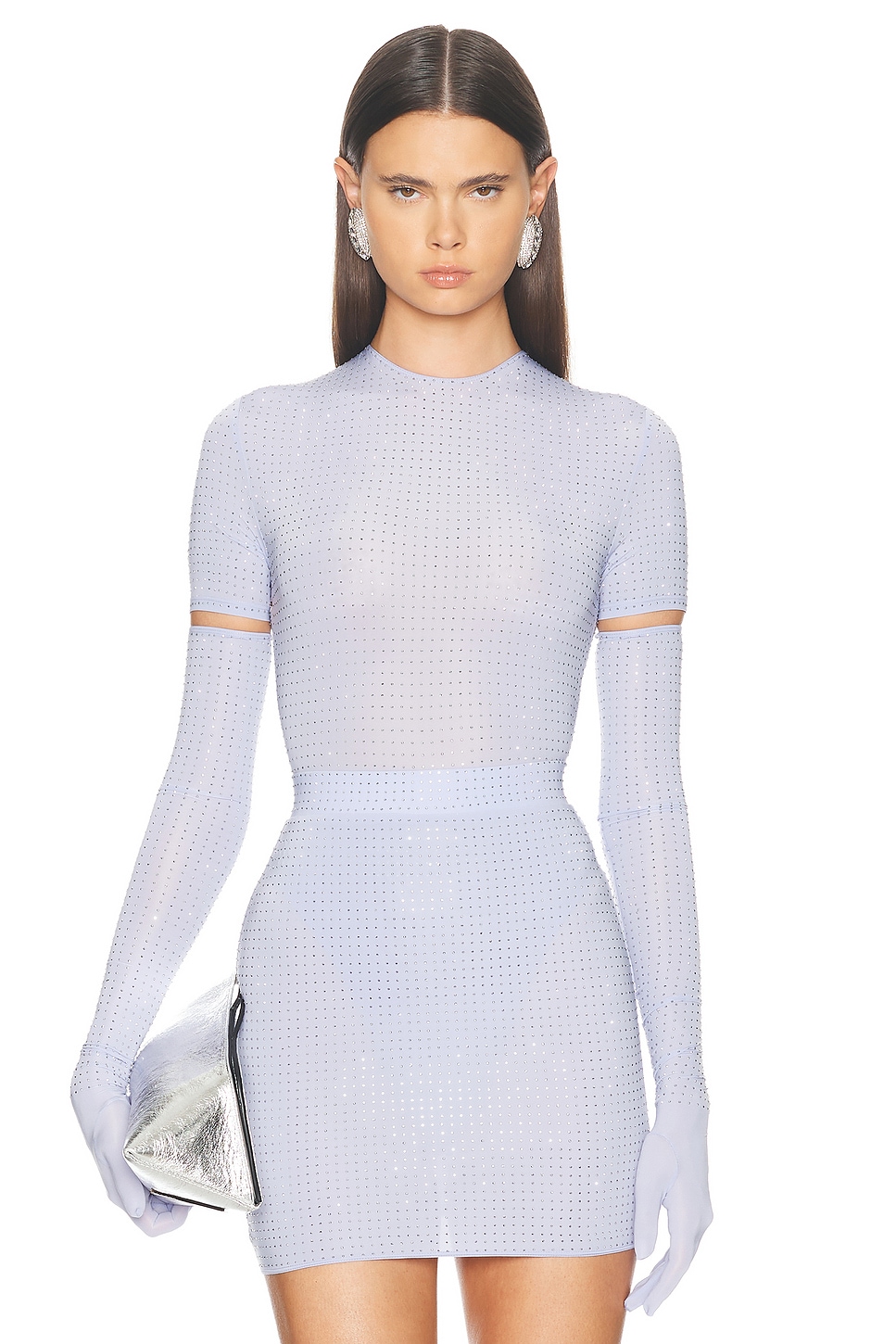 Image 1 of Alex Perry Short Sleeve Glove Crystal Bodysuit in Frost