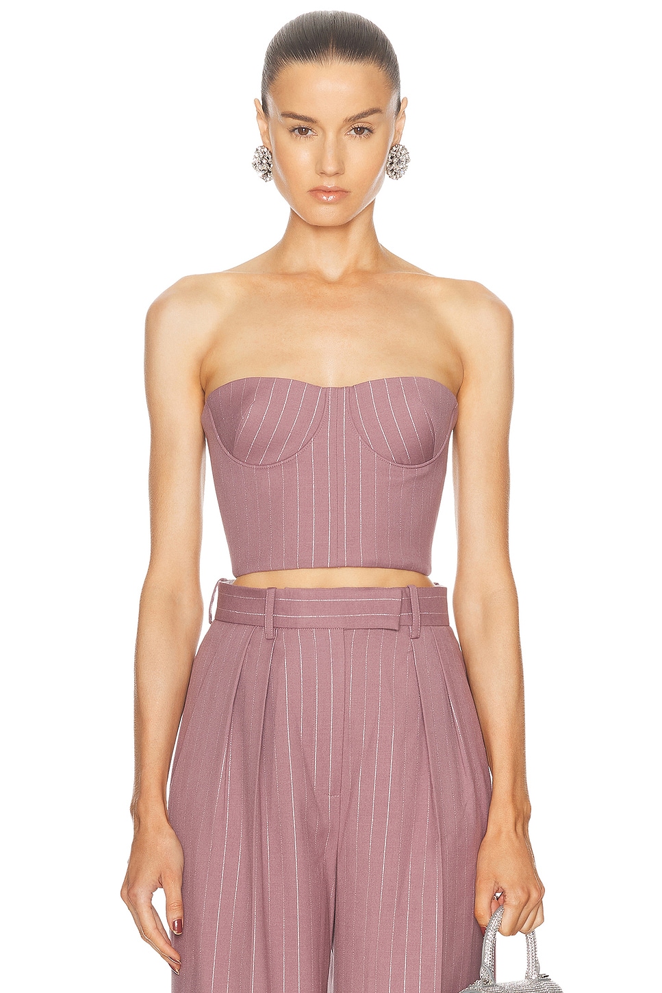 Image 1 of Alex Perry Lurex Pinstripe Strapless Crop Top in Mauve