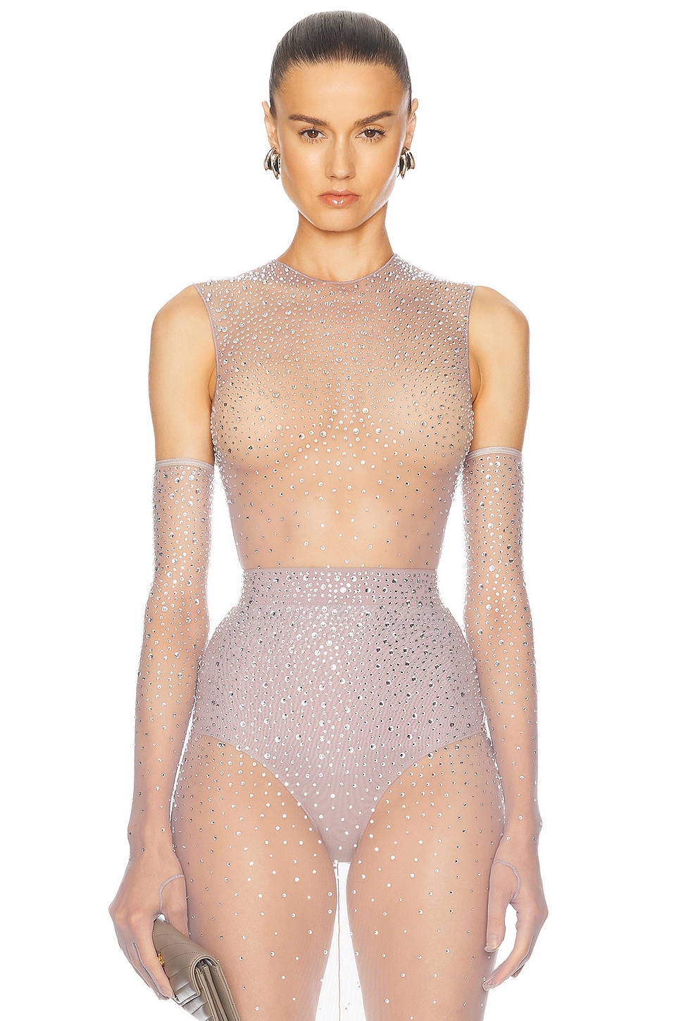 Image 1 of Alex Perry Crystal Mesh Bodysuit in Lavender Grey