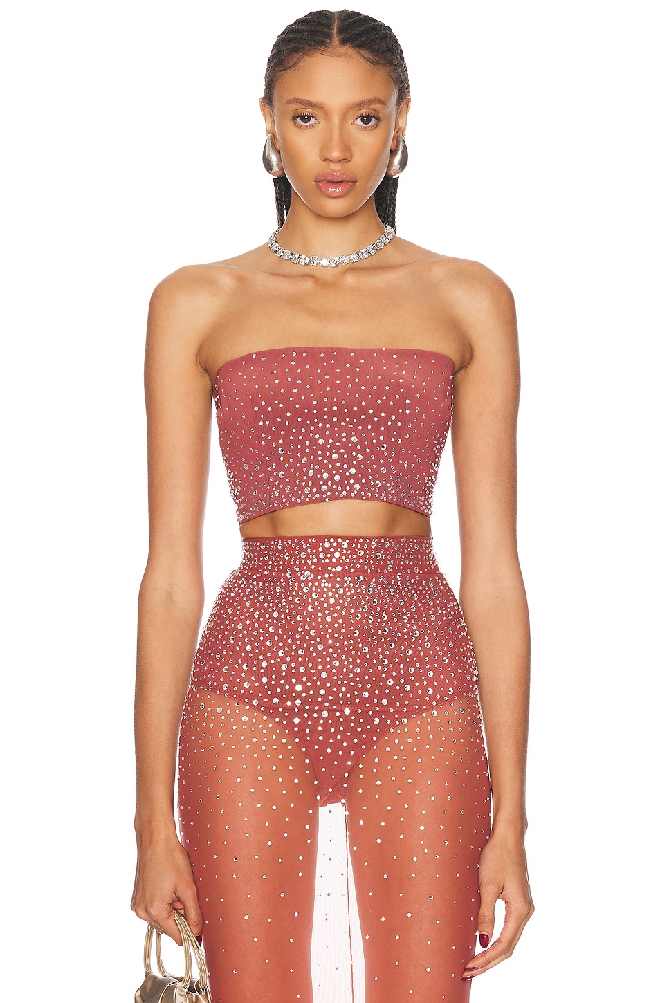 Image 1 of Alex Perry Crystal Mesh Crop Top in Cognac