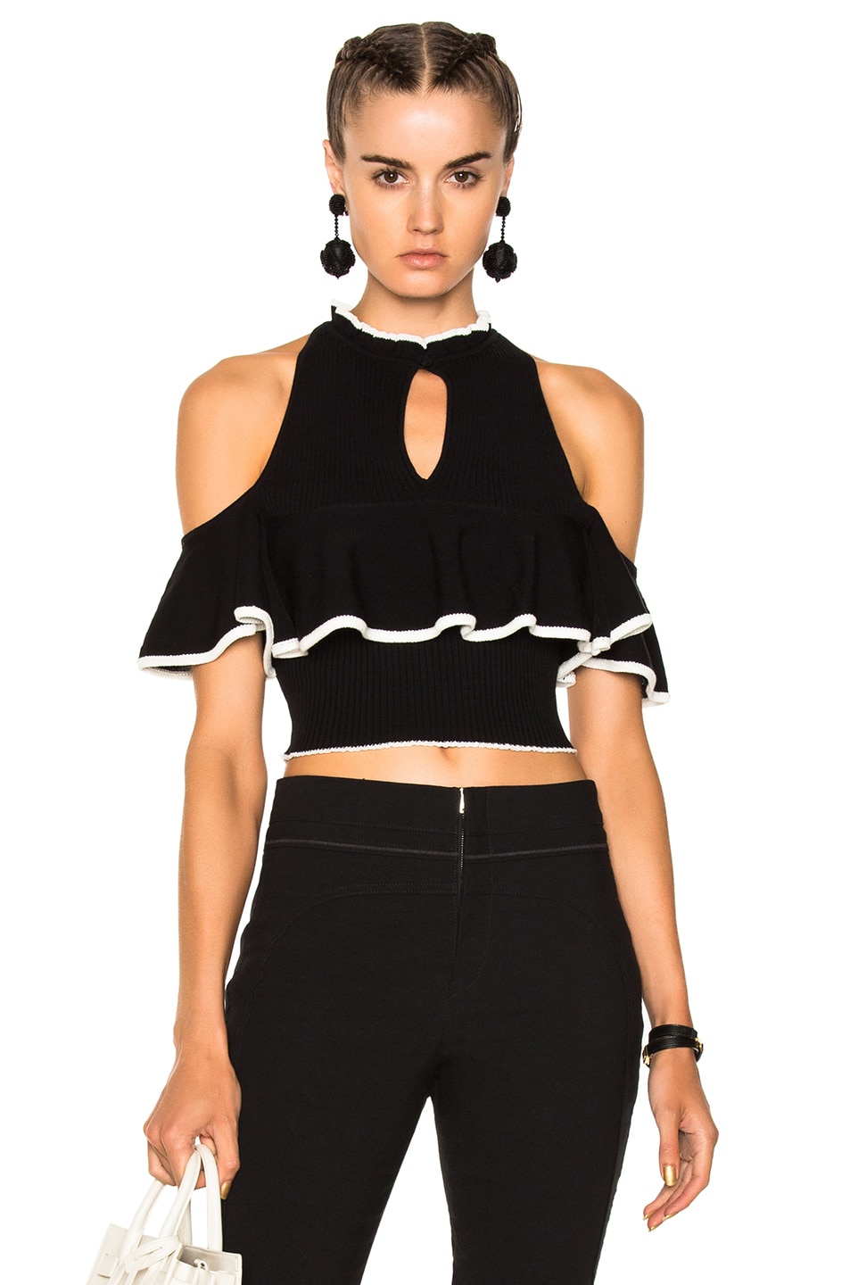 Image 1 of APIECE APART Knit Cold Shoulder Ruffle Top in Black & White