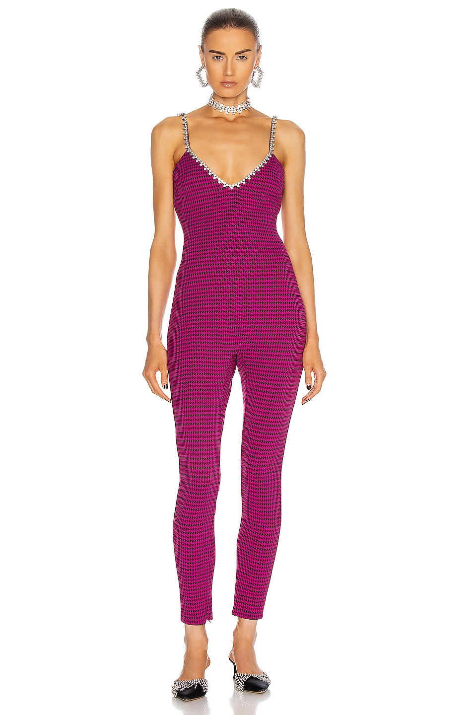 Image 1 of AREA Crystal Strap Camisole Catsuit in Magenta