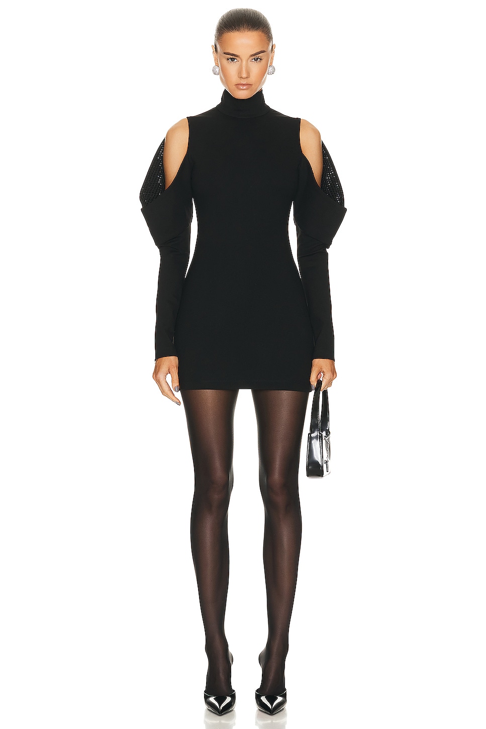 Image 1 of AREA Crystal Embellished Cold Shoulder Dress in Black
