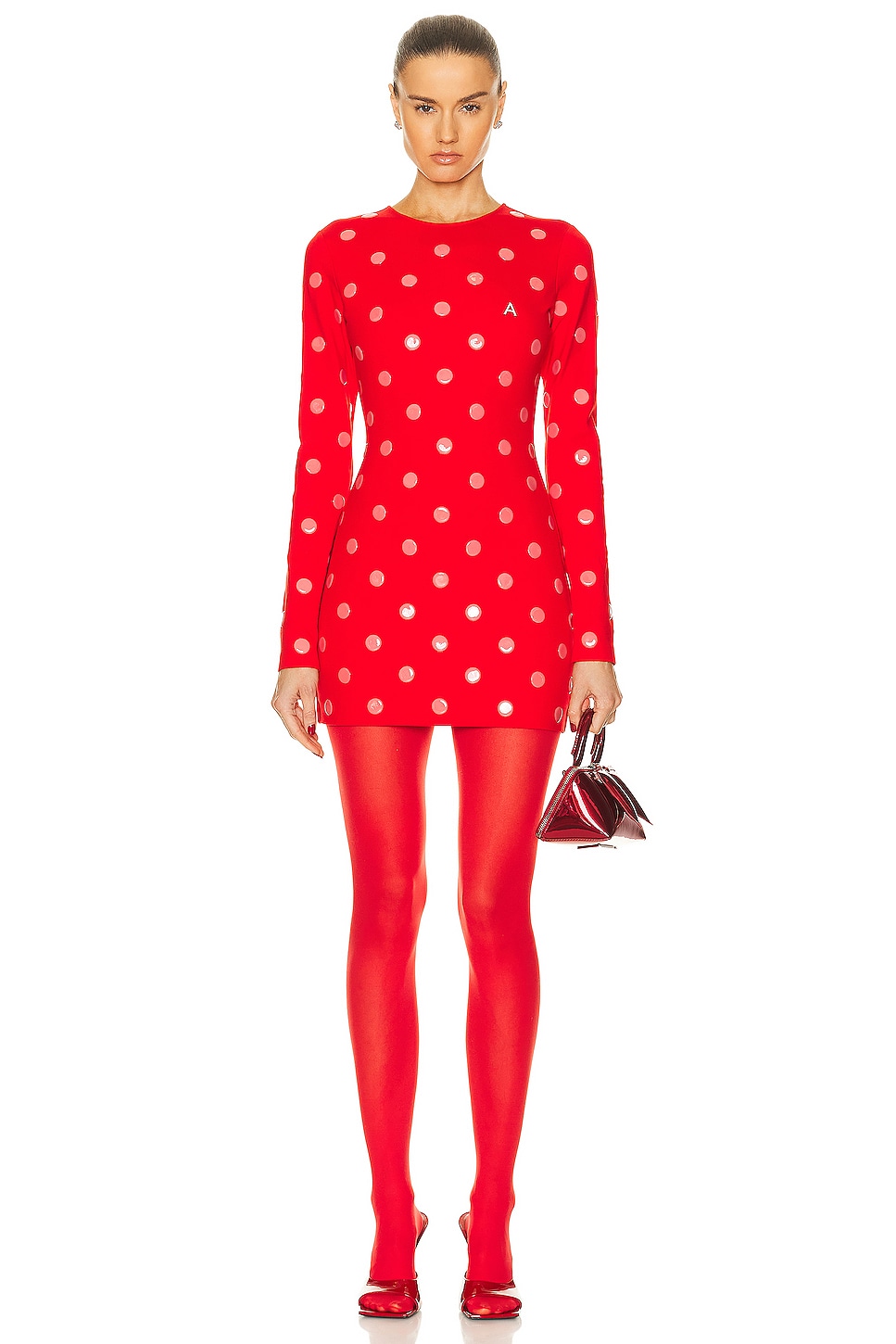 Image 1 of AREA Polka Dot Long Sleeve Mini Dress in Scarlet