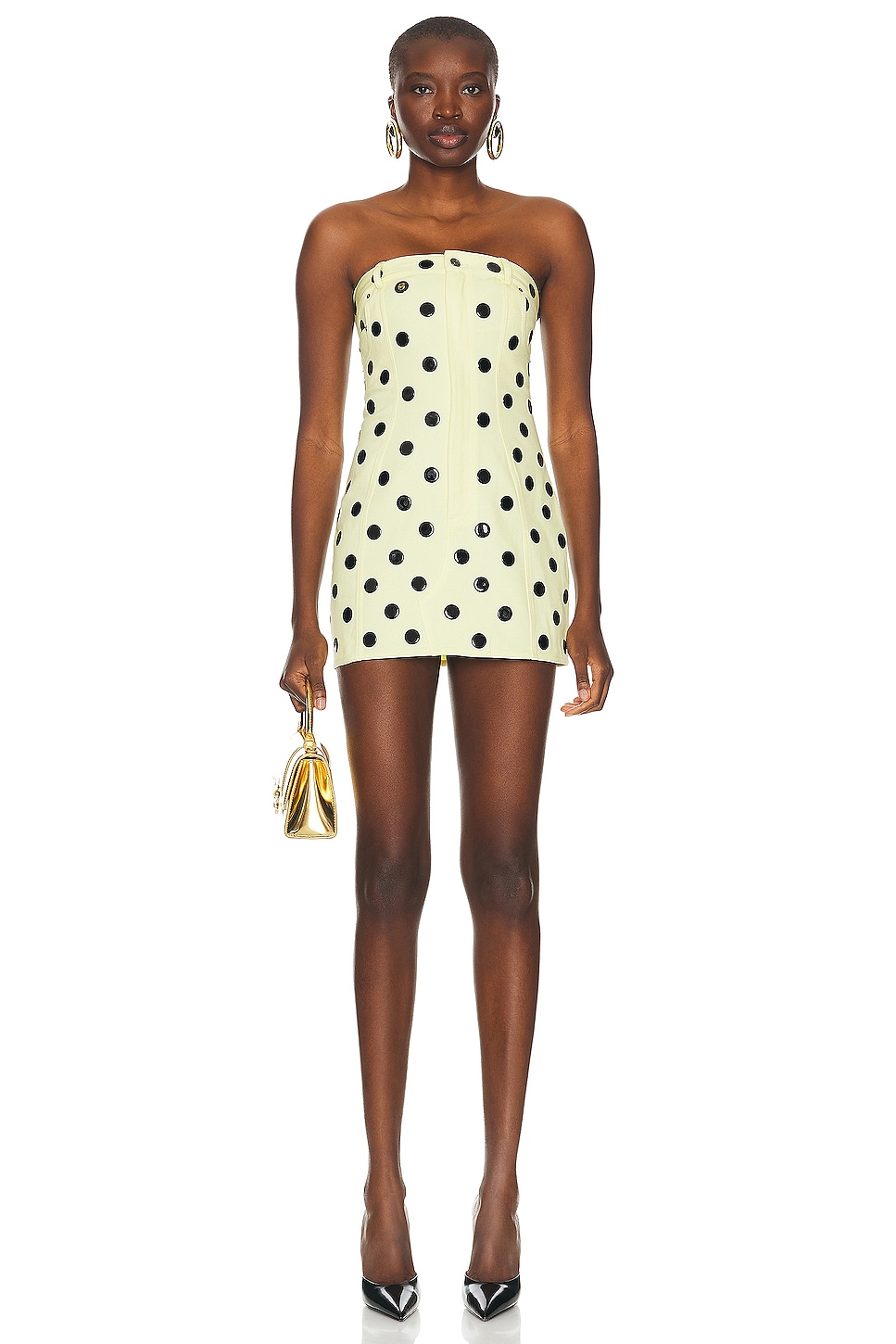 Image 1 of AREA Polka Dot Strapless Mini Dress in Cream Yellow