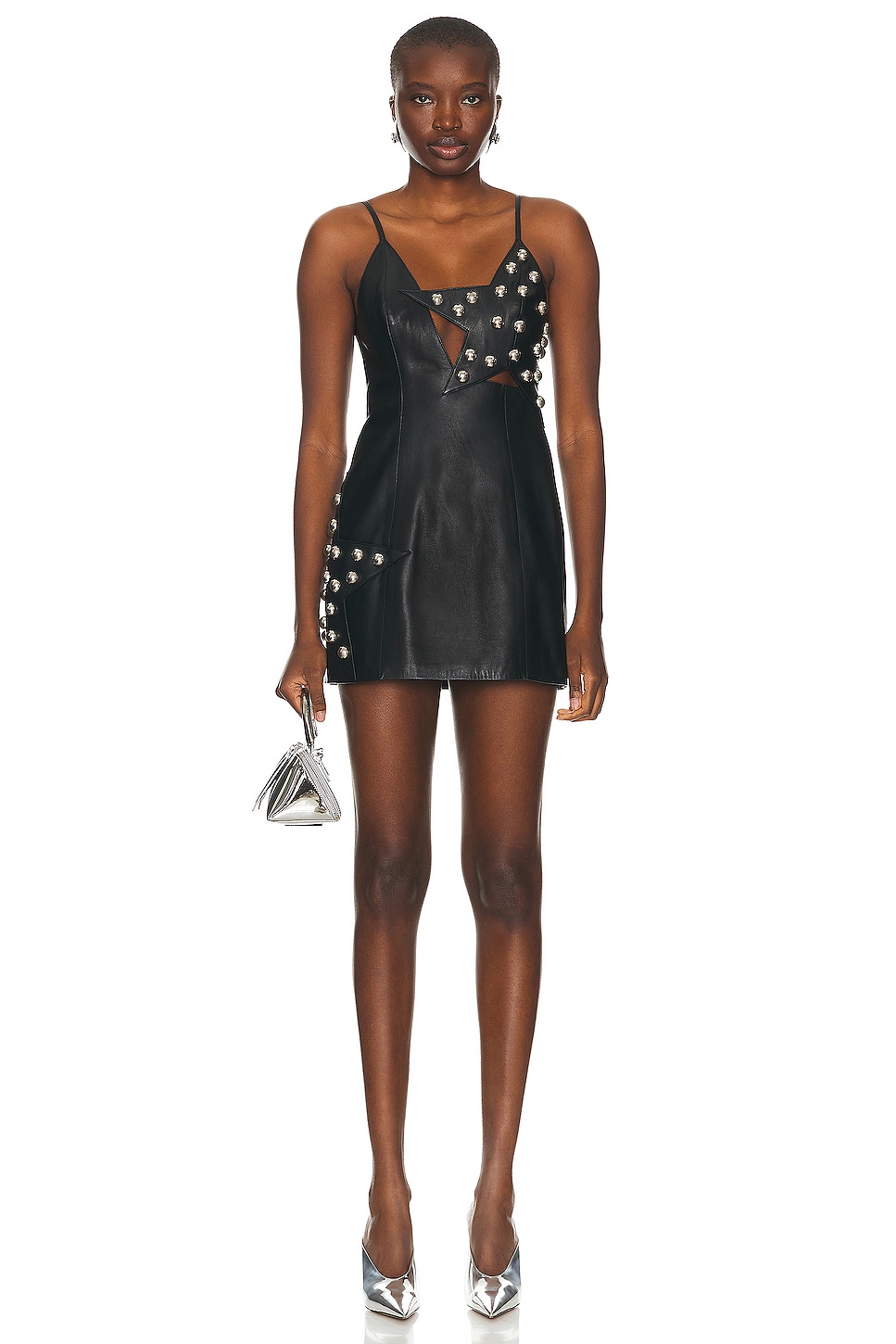 Image 1 of AREA Studded Polka Dot Leather Dress in Black