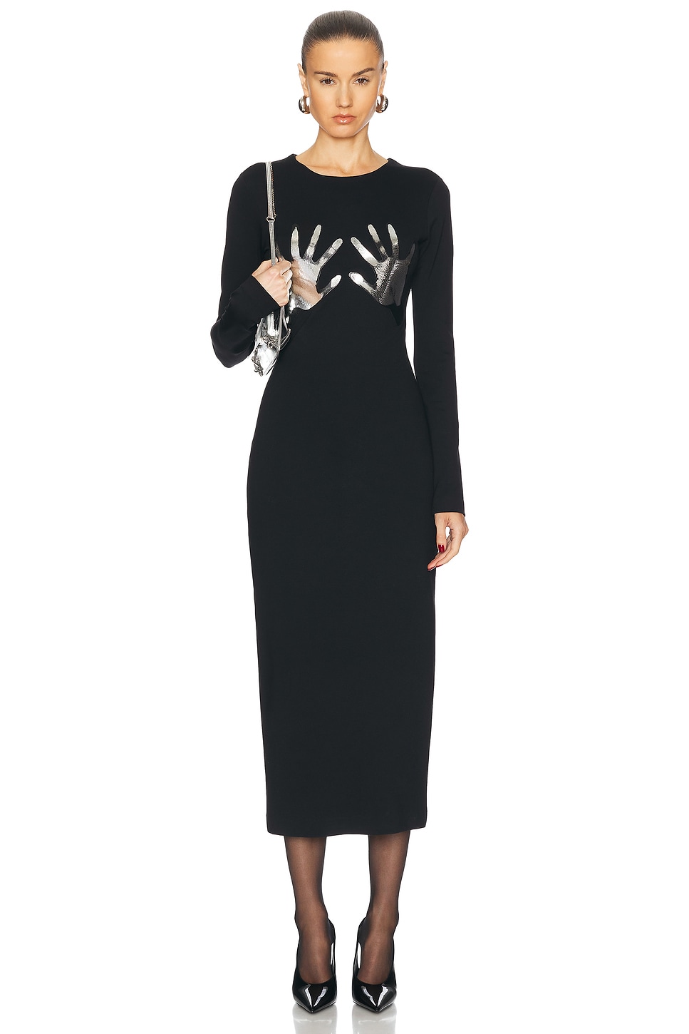 Image 1 of AREA Handprint Long Sleeve Midi Dress in Black