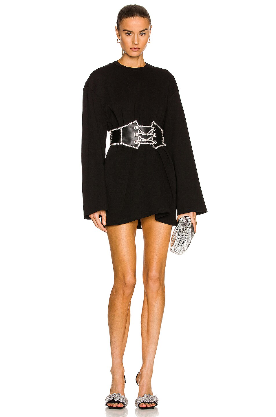 Image 1 of AREA Long Sleeve Crystal Corset T-Shirt Dress in Black