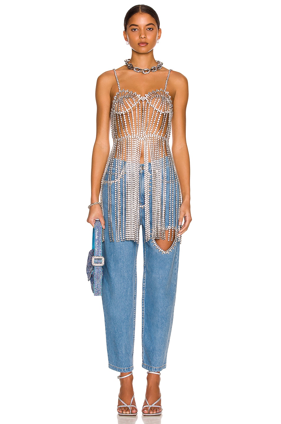 Image 1 of AREA Crystal Bustier Fringe Dress in Clear & Silver