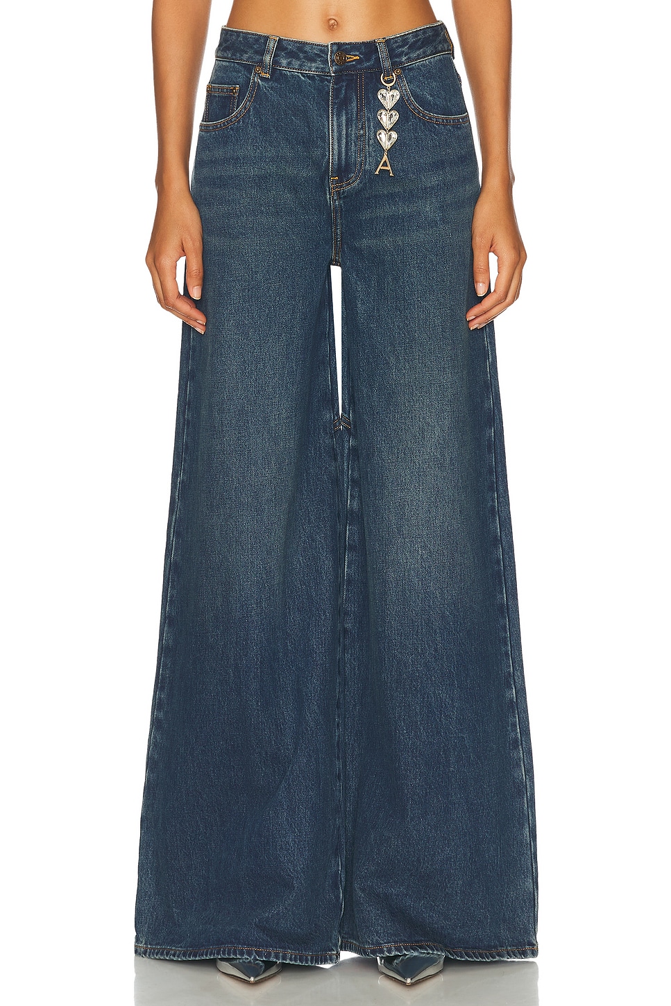 Image 1 of AREA Crystal Heart Charm Wide Leg in Dark Medium Wash