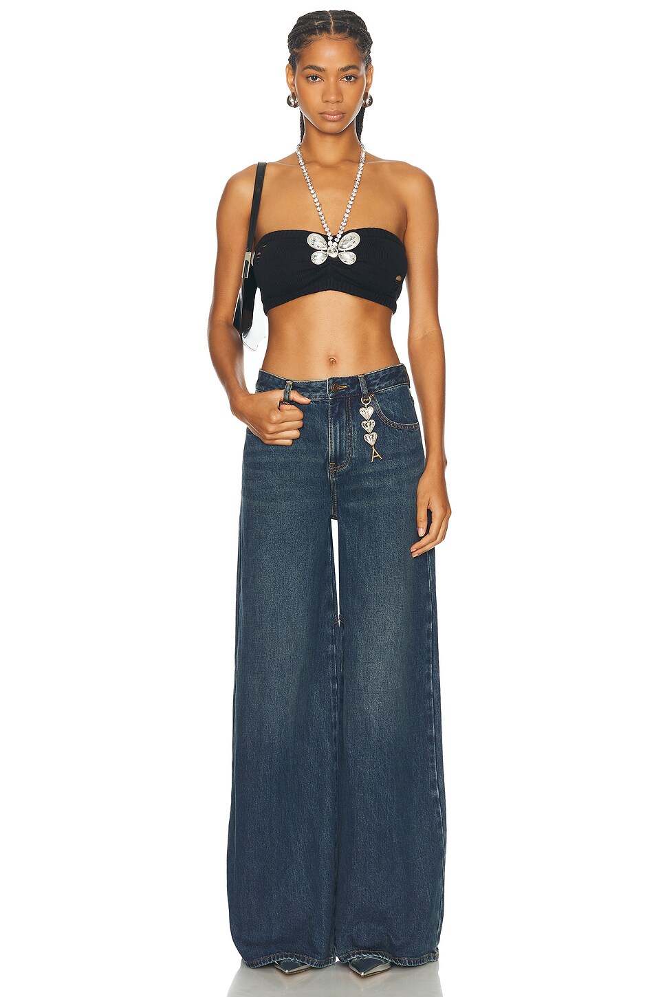Area Crystal Heart Charm Wide Leg Jeans
