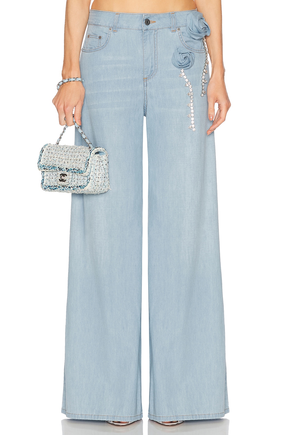 Image 1 of AREA Crystal Rosette Wide Leg Jean in Super Light Blue