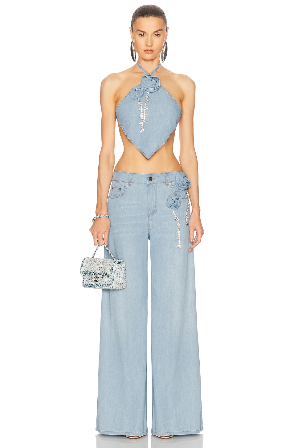 Area Crystal Rosette Wide Leg Jeans