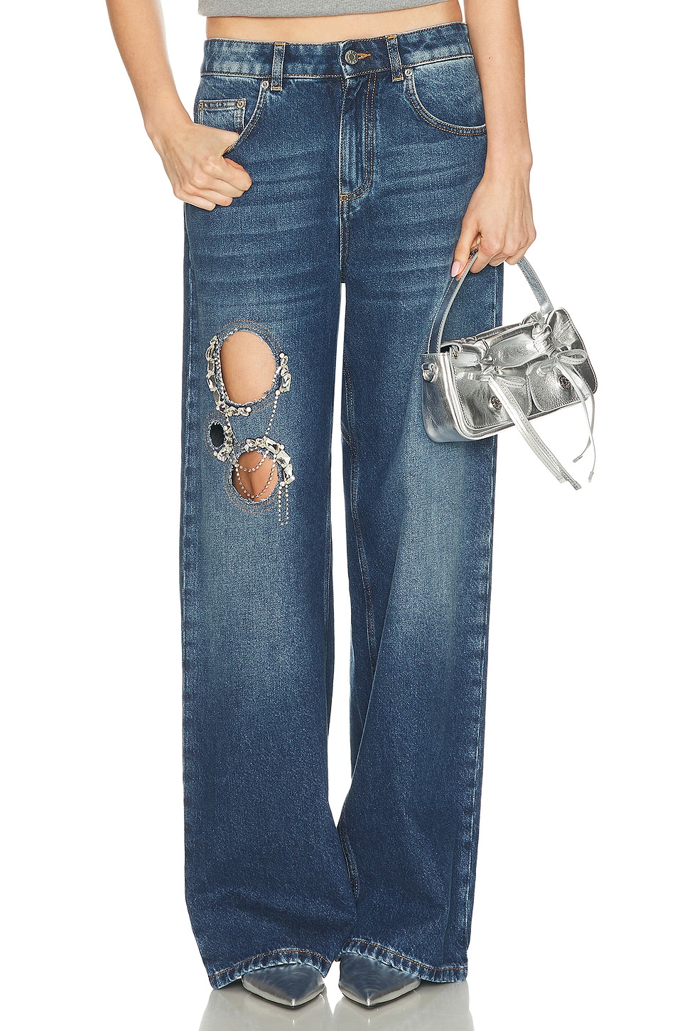 Image 1 of AREA Crystal Chain Cutout Relaxed Leg in Medium Blue