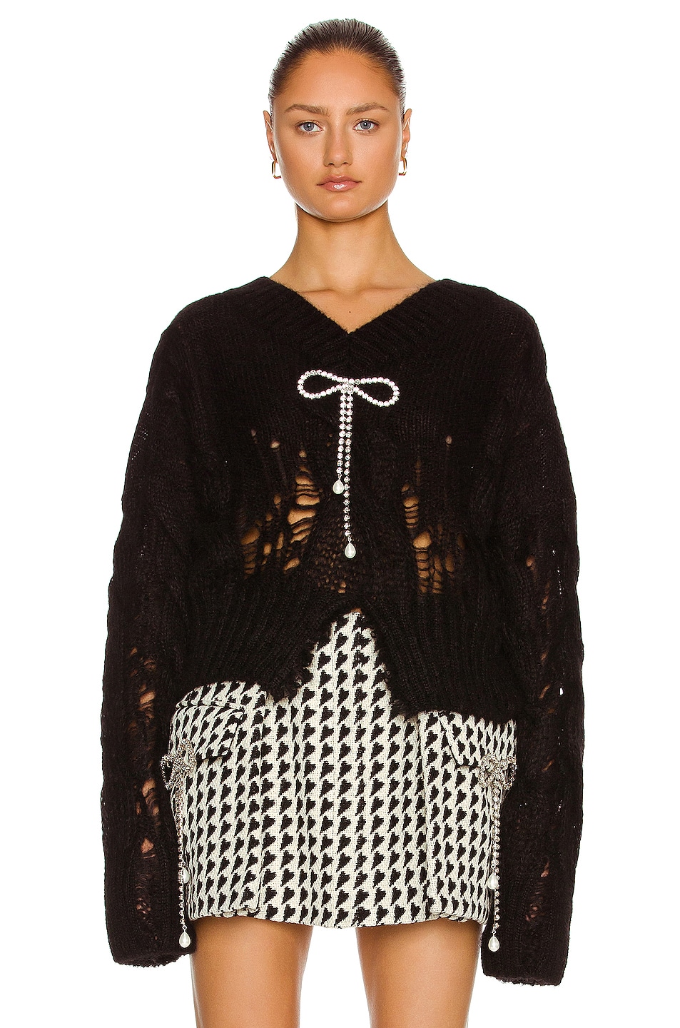 Image 1 of AREA Distressed Cable Knit Pullover in Black
