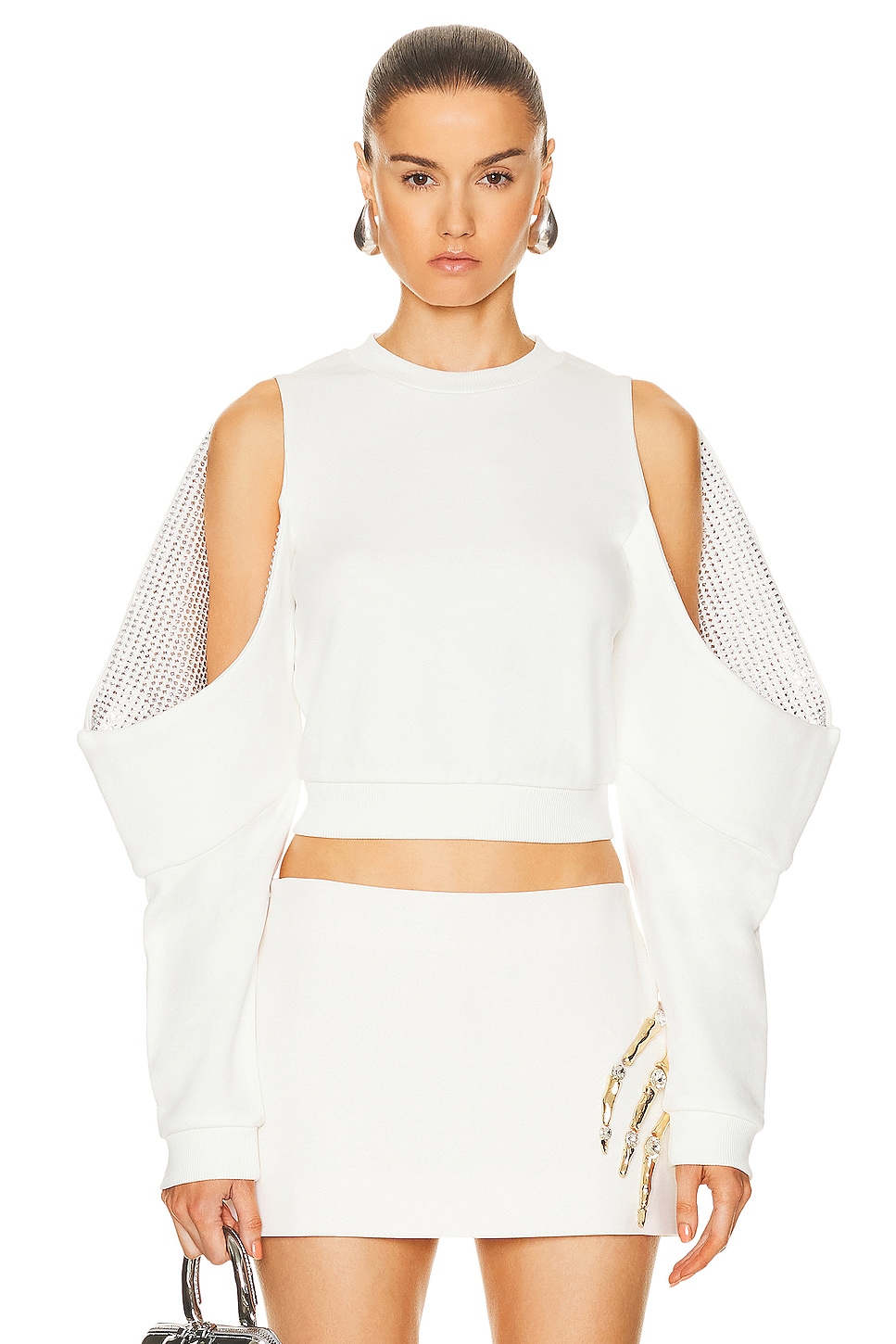 Crystal Embellished Cold Shoulder Sweatshirt in White