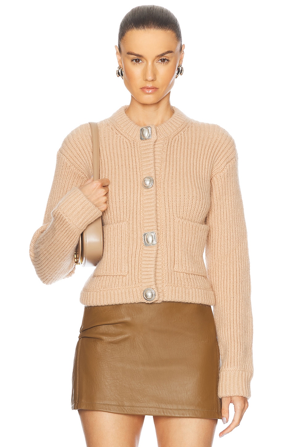 Image 1 of AREA Gemstone Button Cardigan in Light Beige