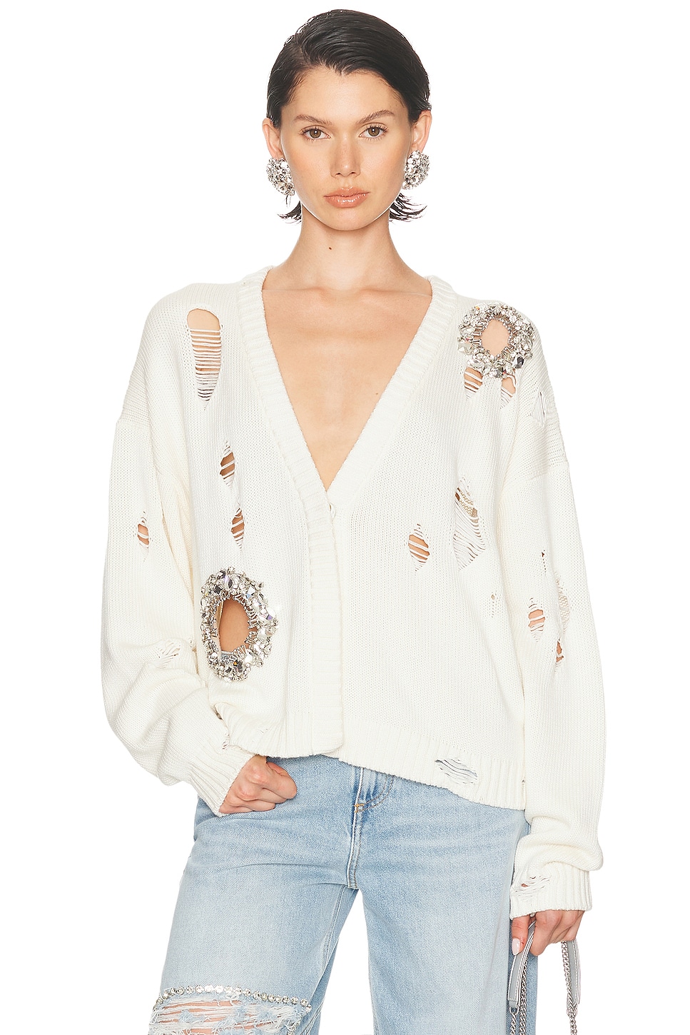 Image 1 of AREA Distressed Crystal Cardigan in Cream
